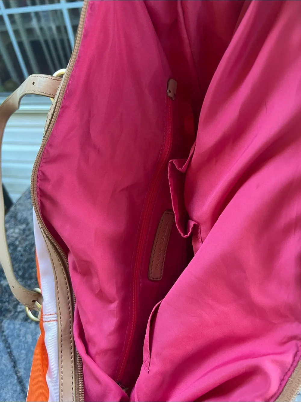 Banana Republic Pink, Orange & White Striped Tote with Neutral Handles